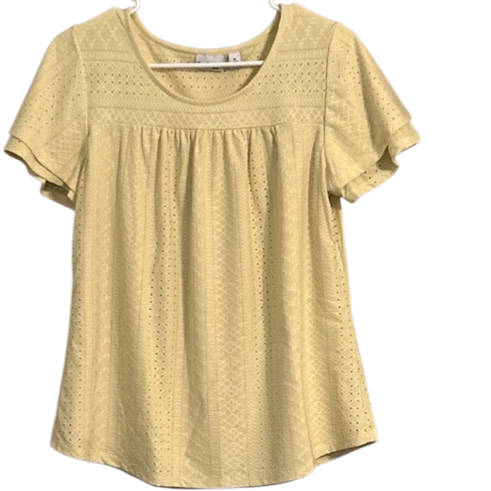 KimRogers Short Flutter Sleeve Chikankari Top Eyelet Summer Cream Soft Lined LRG